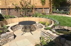 a patio area with a table and chairs in the center, surrounded by stone walls