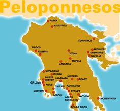 a map of the peloponnesos region, with its capital and major cities