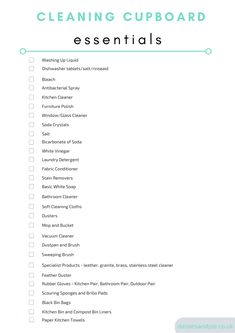 a cleaning checklist with the words cleaning cupboard essentials written in green and blue