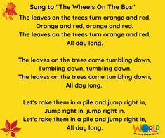 the poem is written in orange and yellow with an image of leaves on it,