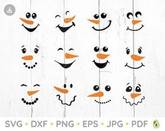 snowman faces with different facial expressions on white wood planks, set of 6