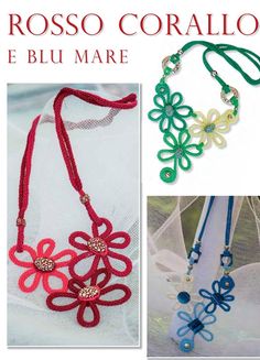 an advertisement for a necklace made with red thread and blue beads, featuring two different designs