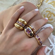 By Claudia Mae RCL009SPI Multicolor spinel 2.25ct, 14k yellow gold. Made to order. Please allow 4-6 weeks for delivery. Chunky Gold Jewelry, Bali Jewelry, Spinel Ring, Dope Jewelry, Classy Jewelry, Rings Gold, Jewelry Lookbook, Style Pink, Bling Rings