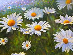 a painting of white daisies in a field