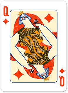 a playing card with an image of a woman in the middle and four of diamonds on it