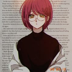 a girl with pink hair and glasses is standing in front of an open book page