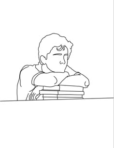 a black and white drawing of a person leaning on books