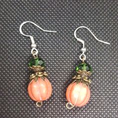 Fall Pumpkin Earrings With Green Crystal Pierced Green Pumpkin Beads Jewellery Indian, Nickel Free Orange Drop Earrings, Green Pumpkin Beads Jewellery, Green Halloween Dangle Earrings, Pumpkin Spice Earrings, Handmade Peach Dangle Earrings, Nickel-free Orange Beaded Drop Earrings, Green Czech Glass Beaded Earrings, Wire Wrapped, Nickel-free Orange Drop Earrings