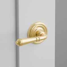 a close up of a gold door handle on a white and gray door with grey trim