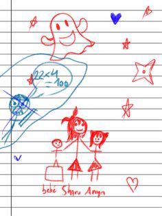 the drawing shows two children in space, one with a rocket and another with stars