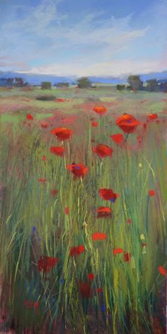 an oil painting of red flowers in a field