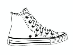 a black and white drawing of a pair of converse shoes with laces on them