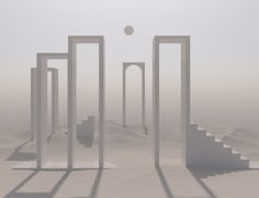 an abstract photo of some stairs in the desert with a ball above them and foggy sky