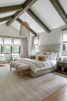 Becky Shea Design & Tupper Custom Homes transformed this traditional home into a modern farmhouse hideaway in Hope Valley, North Carolina. #farmhousekitchen Modern Farmhouse Bedroom, Indie Room, Dreamy Bedrooms, Wooden Beams, Small Room Bedroom, Master Bedrooms Decor, Design Living Room, Hilton Head, Bedroom Aesthetic