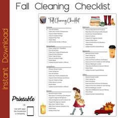 the fall cleaning checklist is shown with an image of a woman in a red dress