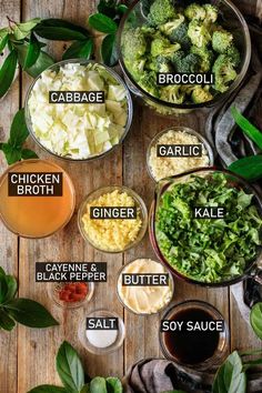 broccoli, cauliflower, carrots and other ingredients are shown in bowls