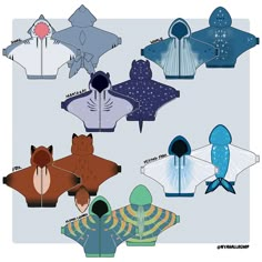 an image of fish origami in different colors and sizes on a white background