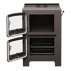 an oven with two doors open on the front and back sides, one is black