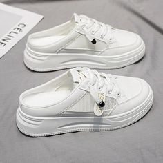 Backless Sneakers, Half Slippers, Korean Shoes, White Mules, Half Shoes, Celtic Knots, Shoes Canvas, Loafers Style, Thigh High Stockings