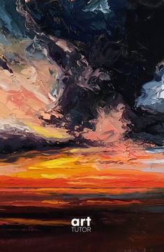 an abstract painting with orange, yellow and blue colors in the sky over water at sunset