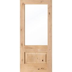 a wooden door with a mirror on the front and side paneled in wood, against a white background