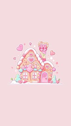 a pink background with a house and hearts on the roof, surrounded by other decorations