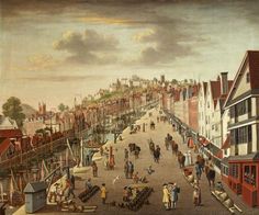 an old painting of people walking down a street with buildings in the background and onlookers