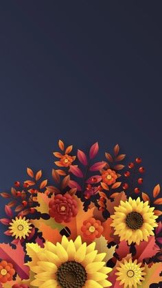 a bouquet of sunflowers and leaves on a dark background with space for text