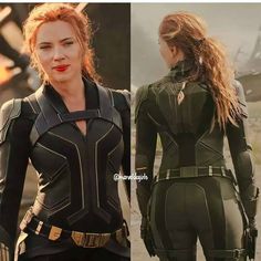 a woman in black widow suit standing next to another woman