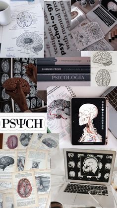 many different pictures with the words psych written in black and white, including images of human body parts