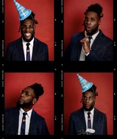 four different shots of a man wearing a party hat