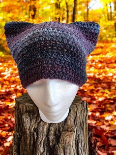 Custom-made, crochet cat ear blueberry forest beanie hat. High quality 100% acrylic yarn. Please expect your hat to be made and dispatched within 7 days.  If you do not provide specific, your hat will have average measurements for adults: approx. 22 inches around the head and 7 - 7,5-inch height. Your hat will be made from exactly the same yarn, although the color pattern may vary, as every hat is unique. Washing instructions: handwash, 30 degrees, lay down to dry. Because of the custom-made nat Beanie Hat Crochet, Crochet Adult Hat, Cat Ear, Hat Crochet, Crochet Cat, Skull Cap, Beanie Hat, Cat Ears, Beanie Hats