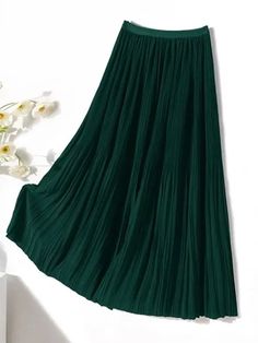 44591498756318 Solid A-line Skirt With Elastic Waistband, Non-stretch Green Skirt, Green Pleated Skirted Bottoms, Green Pleated Non-stretch Skirt, Green Non-stretch Pleated Skirt, Non-stretch Green Pleated Skirt, Green Pleated Stretch Maxi Skirt, Green Stretch Pleated Maxi Skirt, Solid Non-stretch Pleated Skirt