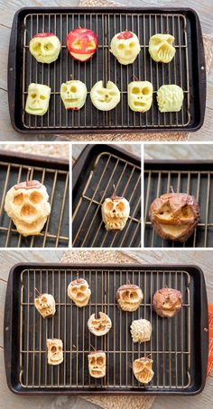 the process of making donuts with apples and other toppings is shown on a grill