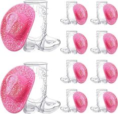 six pairs of pink glittered boots and cups