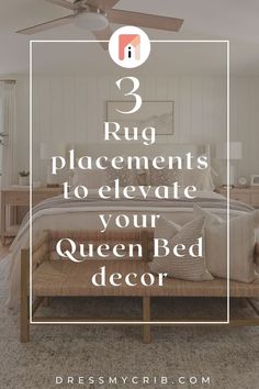 Are you confused about how to place your rug or what rug size for queen bed you should choose for your bedroom decor? Here we've collected 3 queen bed rug placements that will help you create a seamless bedroom interior. Additionally, we have concluded a rug size guide for bedroom together with their placements. Don't struggle with whether you should put bedroom rugs under bed, find the best bedroom rug placements now! Additionally, a collection of neutral rugs, vintage rugs, farmhouse rugs. Rug Under Queen Bed Placement, Queen Bed Rug Placement, Rug By Bed, Bedroom Rug Placement Queen, Queen Bed Rug Size, Bed Rug Placement, Bedroom Area Rug Placement, Rug Under Queen Bed