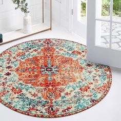 PRICES MAY VARY. [Exclusive Design Accent Rug] - The perfect way to brings a refreshing boost of color to your home, this bohemian floral medallion rug is a must-have for your home. It features a cream, orange, and navy blue design patterns with purposeful distressing to add vintage appeal to your space. [Safety Non Slip Rug] - Our indoor doormat made of extra-absorbent fabric top layer and skid resistant backing which is safe for everyday indoor high traffic area from kid or pet activity.(Keep Coastal Boho Living Room, Navy Blue Design, Soft Bedroom, Bathroom Carpet, Bedroom Area Rug, Circle Rug, Dining Living Room, Bohemian Floral, Medallion Design