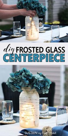 the centerpiece is made out of mason jars with flowers and greenery in them