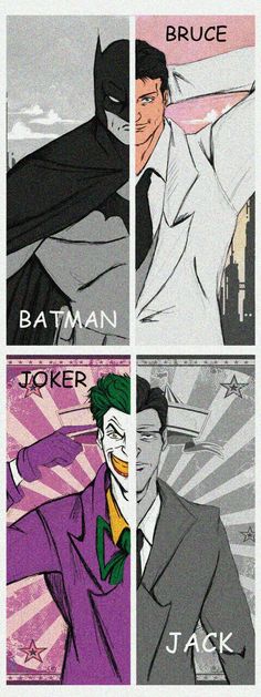 three different pictures of batman and joker in the same color scheme, each with their own name