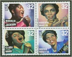 four postage stamps with images of the same woman singing and holding a microphone in their hands