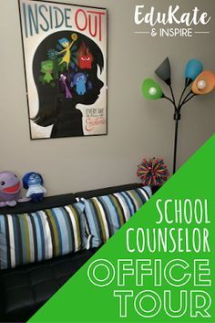 the school counselor office tour poster is in front of a couch with toys on it