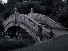 an old stone bridge with steps leading up to it and flowers in the foreground