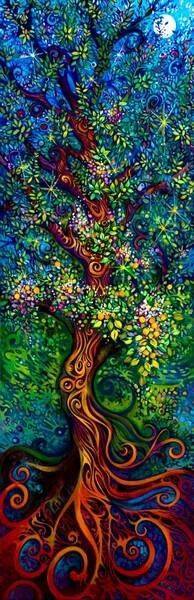 an abstract painting of a tree with swirls and flowers on the bottom half of it