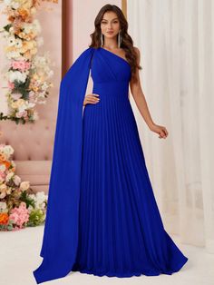 bleu indigo  Collar Sans manches Tissu tissé Unicolore Trapèze Embellished Extensibilité légère Evening Gowns Royal Blue, Royal Blue One Shoulder Dress, Formal Royal Blue Dress, Royal Blue Dress Outfit, Royal Blue Evening Dress, Indigo Dress, Formal Ball Gown, Royal Blue Dress, Formal Evening Dress