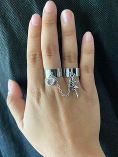 Two rings connected by a chain, decorated with a crystal heart and fairy charm. Connected Rings, Rings Crystal, Double Rings, Fairy Charms, Two Rings, Handmade Chain, Cuff Rings, Double Ring, Charm Rings