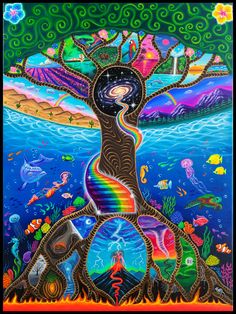 a colorful painting with an image of a tree in the middle and other things around it