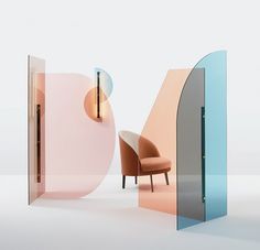 a chair sitting in front of a glass door with a mirror on the wall next to it