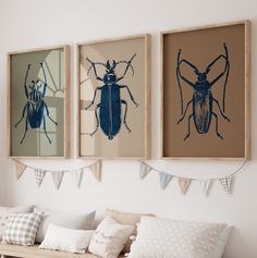 three framed pictures hang on the wall above a bed