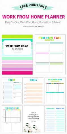 the free printable work from home planner is shown in this image with text that reads,