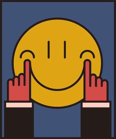 two hands are touching the face of a smiling yellow smiley face with their fingers up in front of them